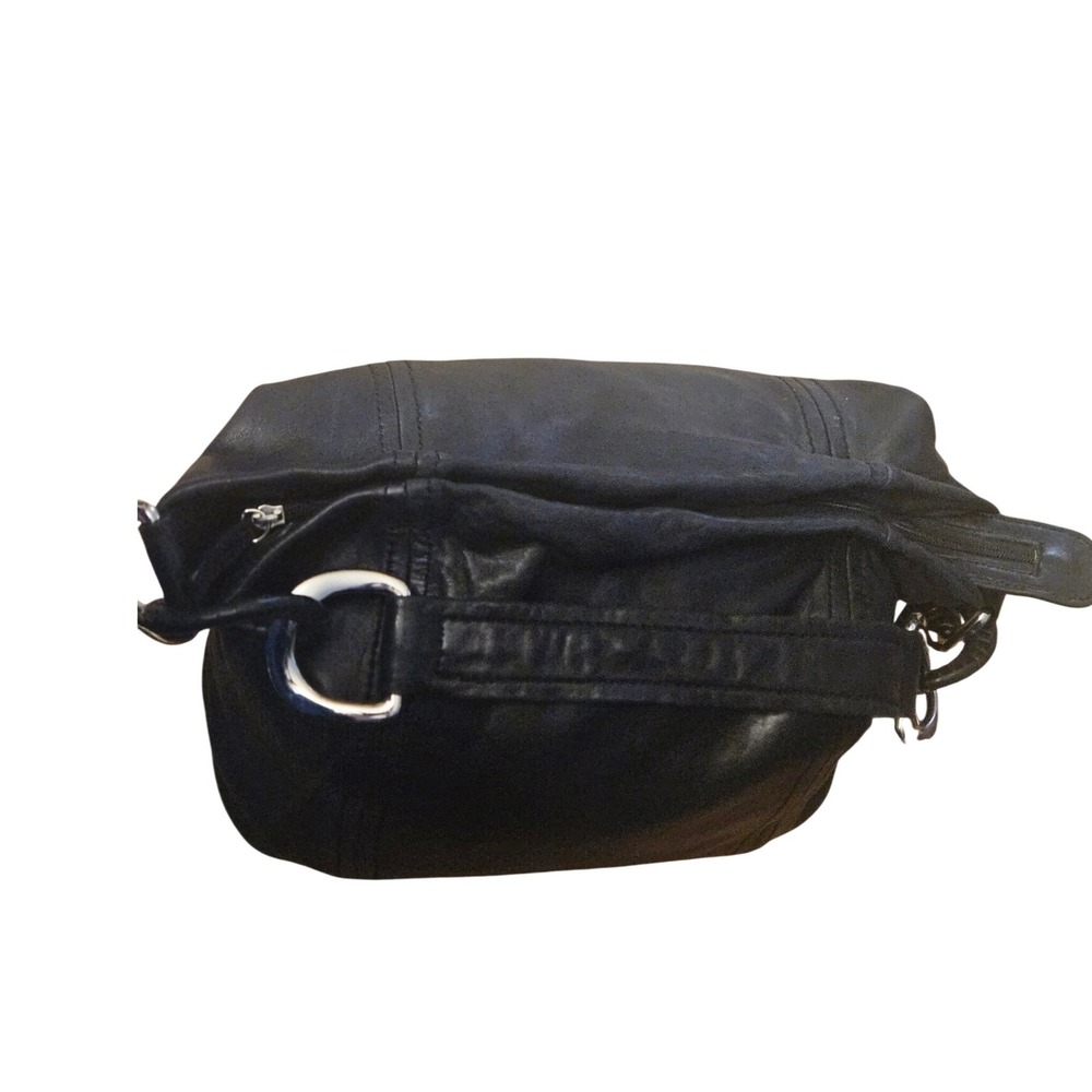 Michael Kors Black Leather Hobo Bag Silver Ring Hardware MK Charm Shoulder Bag - Picture 9 of 10